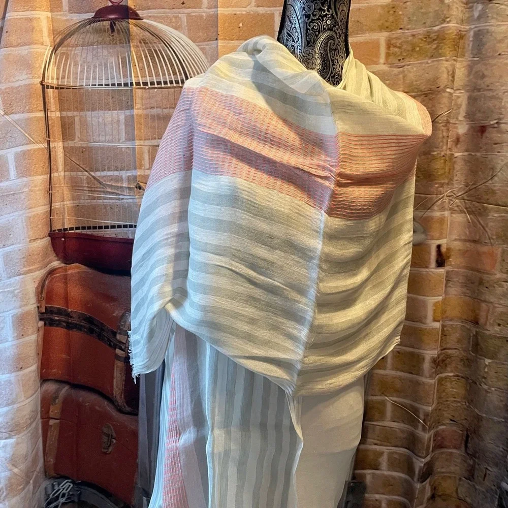 Lightweight Striped Scarf‎ Shawl Wrap Linen Blend Pink Grey White Fringe